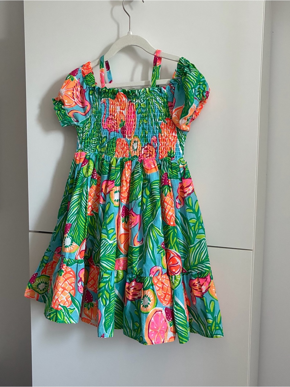Girls' Tropical Green Pink and Orange Smocked Sundress Size 7